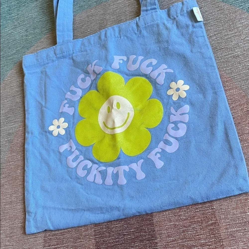 Thinking Out Of Turn Blue Mini Tote Bag with Smiley Flower Design Quote